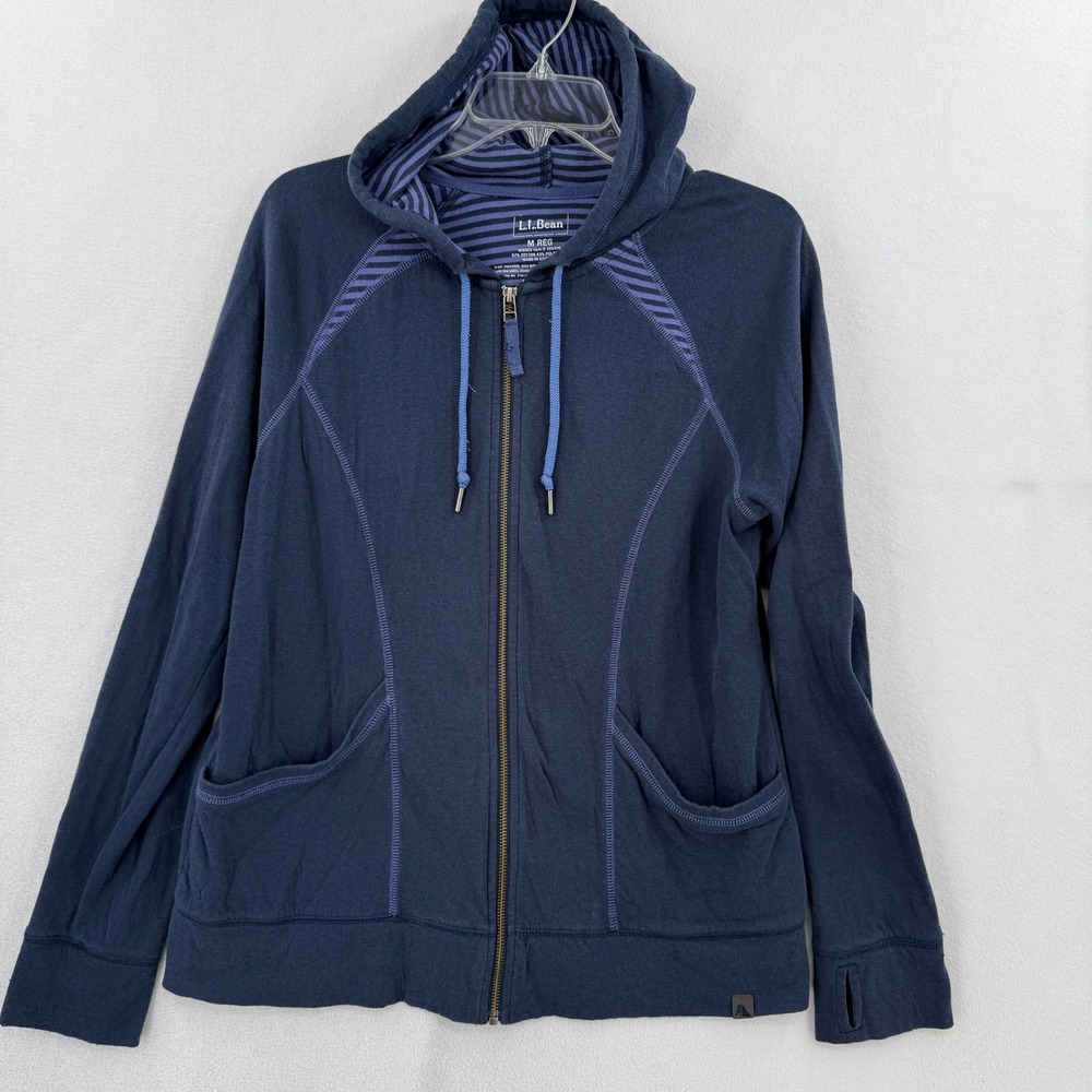 L.L. Bean Full Zip Hoodie Womens Medium Navy Blue Purple Thumbhole Hooded